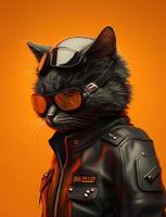 Portrait of Cat wearing black jacket on orange background. Created Generative Ai photo