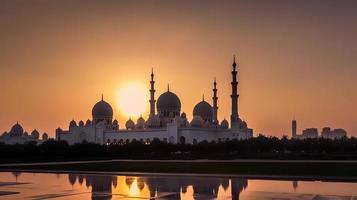 abu dhabi, eau, jeque zayed grandioso mezquita en el abu dhabi, unido árabe emiratos en un puesta de sol ver antecedentes. foto