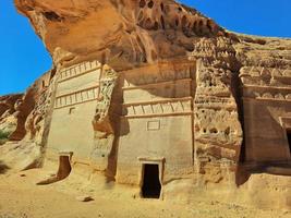 Beautiful daytime view of Al Hegra, Madain Saleh archaeological site in Al Ula, Saudi Arabia. photo