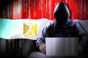 Anonymous Hooded Hacker and Flag Of Egypt, Binary Code - Cyber Attack Concept photo