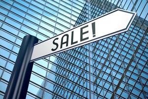 Sale - Signpost With One Arrow, Modern Office Building in Background photo