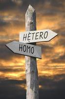 Hetero or Homo - Wooden Signpost with Two Arrows and Sunset Sky photo