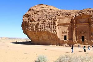 Beautiful daytime view of Al Hegra, Madain Saleh archaeological site in Al Ula, Saudi Arabia. photo