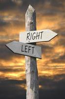 Right and Left - Wooden Signpost with Two Arrows and Sunset Sky photo