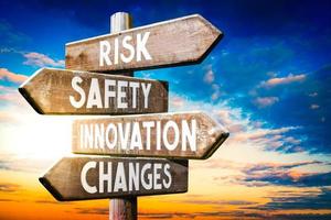 Risk, Safety, Innovation, Changes - Wooden Signpost with Four Arrows, Sunset Sky in Background photo