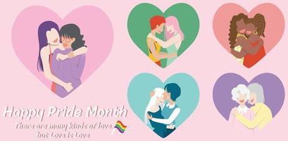 Set of gay women couples with different posting and different age in heart frame vector