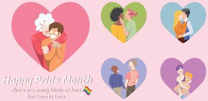 Set of gay man couples with different posting and different age in heart frame vector