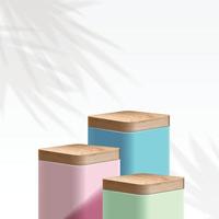 Background for product. Wooden and blue, pink, green product display podium on white background with nature leaves for mock-up cosmetic product. 3D Stage showcase on pedestal display background studio vector