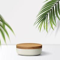 Geometric shapes in an abstract minimal scene. Wooden product display podium on white background with nature leaves for mock-up product. 3D Stage showcase on pedestal display beige background studio vector