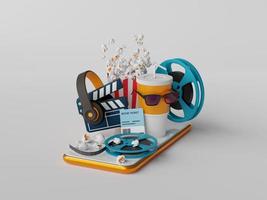 3d illustration of Streaming online application, watching movie online on smartphone or buy ticket online photo