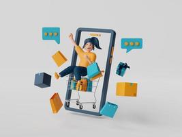 Ilustración 3d de un personaje de hombre de negocios que compra en línea a través de una aplicación en un teléfono inteligente con un artículo de compras. foto