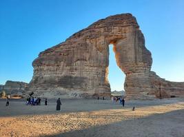 Beautiful evening view of Elephant Rock in Al-Ula, Saudi Arabia. Tourists flock in large numbers to see Elephant Rock. photo