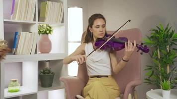 talentoso músico mujer jugando violín sentado en sofá a hogar. exitoso músico mujer jugando violín a hogar, practicando, descansando su alma. video