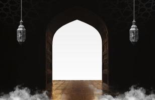 un oscuro habitación con un puerta y fumar viniendo fuera .a antecedentes para Ramadán. social medios de comunicación publicaciones .musulmán santo mes Ramadán kareem .ramadan Mubarak hermosa saludo tarjeta foto