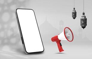 un rojo megáfono siguiente a un blanco pantalla ese teléfono .social medios de comunicación publicaciones .musulmán santo mes Ramadán kareem .ramadan Mubarak hermosa saludo tarjeta foto