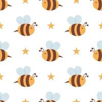 Vector seamless pattern with bees and stars. Striped honey bee and yellow stars on white background. Pattern with bumblebees.