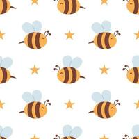 Vector seamless pattern with bees and stars. Striped honey bee and yellow stars on white background. Pattern with bumblebees.