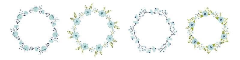 Vector set of floral wreaths in flat design. Collection of text templates with spring plants in blue colors. Flower round frames copy space. Flower wreaths for greeting cards and invitations.