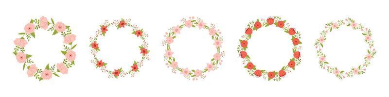 Vector set of floral wreaths in flat design. Collection of text templates with spring plants in pink and red colors. Flower round frames copy space. Flower wreaths for greeting cards and invitations.