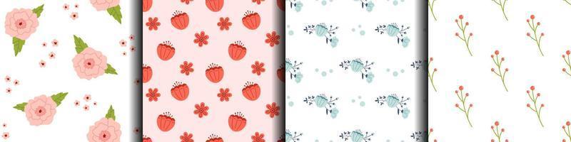Vector set of botanical seamless pattern with flowers, leaves and berries. Collection of backgrounds in red, pink and blue colors. Spring floral patterns in flat design.