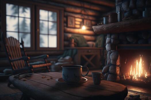 A cozy and inviting cabin in the woods, with a roaring fire and a hot cup of cocoa waiting inside. photo
