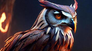 Close up of owl. Highly detailed digital painting and atmospheric lighting. photo