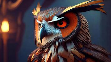 Close up of owl. Highly detailed digital painting and atmospheric lighting. photo