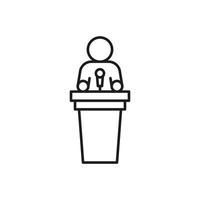Speaker man speech behind tribune on conference, line icon. Orator on podium by leader, businessman, teacher talking. Vector