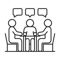 Group people seat at table, conversation, discussion, meeting icon line. Man communication on work in team, equality partnership. Vector illustration