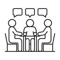 Group people seat at table, conversation, discussion, meeting icon line. Man communication on work in team, equality partnership. Vector illustration