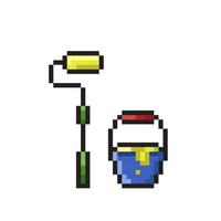 paint roller and paint bucket in pixel art style vector