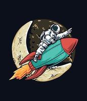 Astronaut riding the rocket with the moon background illustration vector