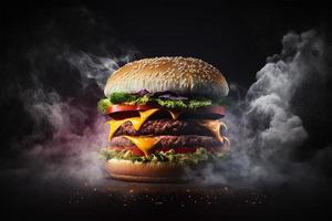 Hamburger with smoke on a dark background photo