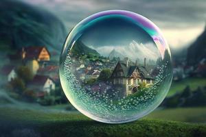 Beautiful soap bubble with old town in the background. 3D rendering photo