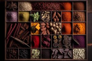 A box of spices with one of the many spices in it photo