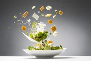 sano ensalada con volador vegetales ai generado y queso en gris antecedentes. mezclado medios de comunicación foto