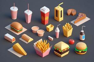 rápido comida 3d isométrica íconos conjunto con hamburguesa y francés papas fritas vector ilustración foto