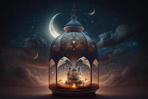 Beautiful Islamic greetings ramadan kareem gold lantern with moon stars and cloud background photo