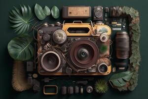 Top view of vintage camera and camera equipment with tropical leaves on green background. 3d rendering AI Generated photo