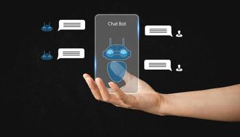 concept. Hand touching digital chatbot for provide access to information and data in online network, robot application and global connection, AI, Artificial intelligence, innovation and technology. photo