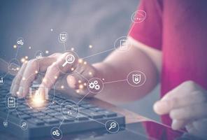 Cyber security and data protection concept. Businessman using laptop computer. Digital transformation change management, internet of things. new technology bigdata and business process strategy. photo