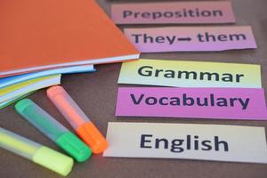 Word cards with text for teaching. English grammar vocabulary. Concept, education, learning and studying language. English teaching materials. Old teaching style but still work.Educational items. photo