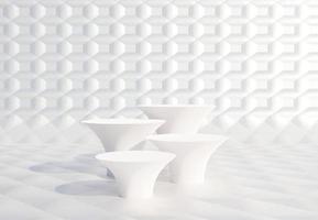 Four white podiums with abstract white pearl wall. Stand to show products. Stage showcase with minimal clean scene for presentation. Pedestal display. 3D rendering. Studio platform template. photo