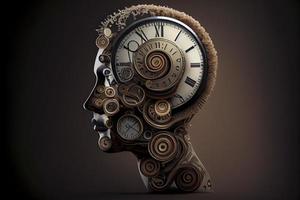 Time to plan and implement business concept, action group of clocks in the shape of a human head with a winding key with 3D rendering elements photo