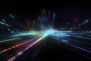 Speed of digital lights, neon glowing rays. Futuristic technology abstract background with lines for network, big data, data center, server, internet photo