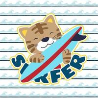 Vector cartoon of funny cat with surfboard on wave background pattern