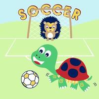 Vector cartoon of turtle with hedgehog playing soccer