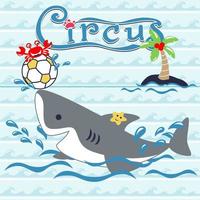 Vector cartoon of funny shark with crab and starfish playing soccer on wave background pattern