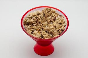 Red bowl of Italian Nocciolata ice cream. Ice cream with different types of hazelnut. photo