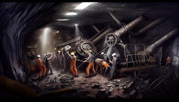 subterráneo minería carbón minería en mía minero en subterráneo mía en carbón minería trabajar. mía trabajadores en subterráneo duro labor día ai generado foto